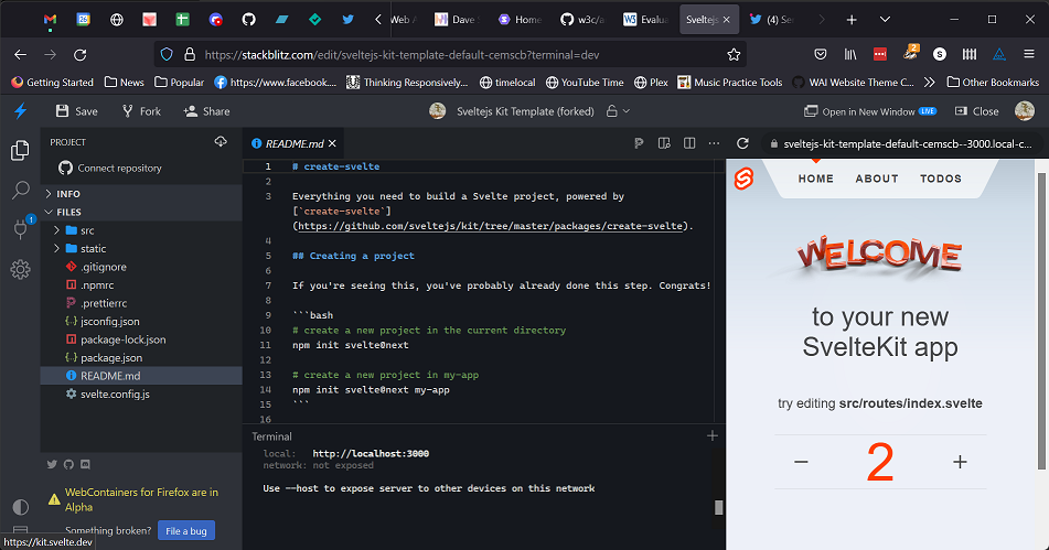 A full stack app running in a web browser - spot the terminal A web browser showing files, terminal and preview